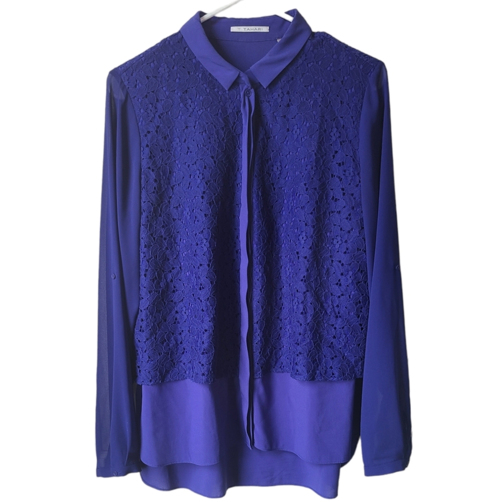 T Tahari Indigo Sheer Floral Embroidered Long Sleeve Button Up Top Size Medium